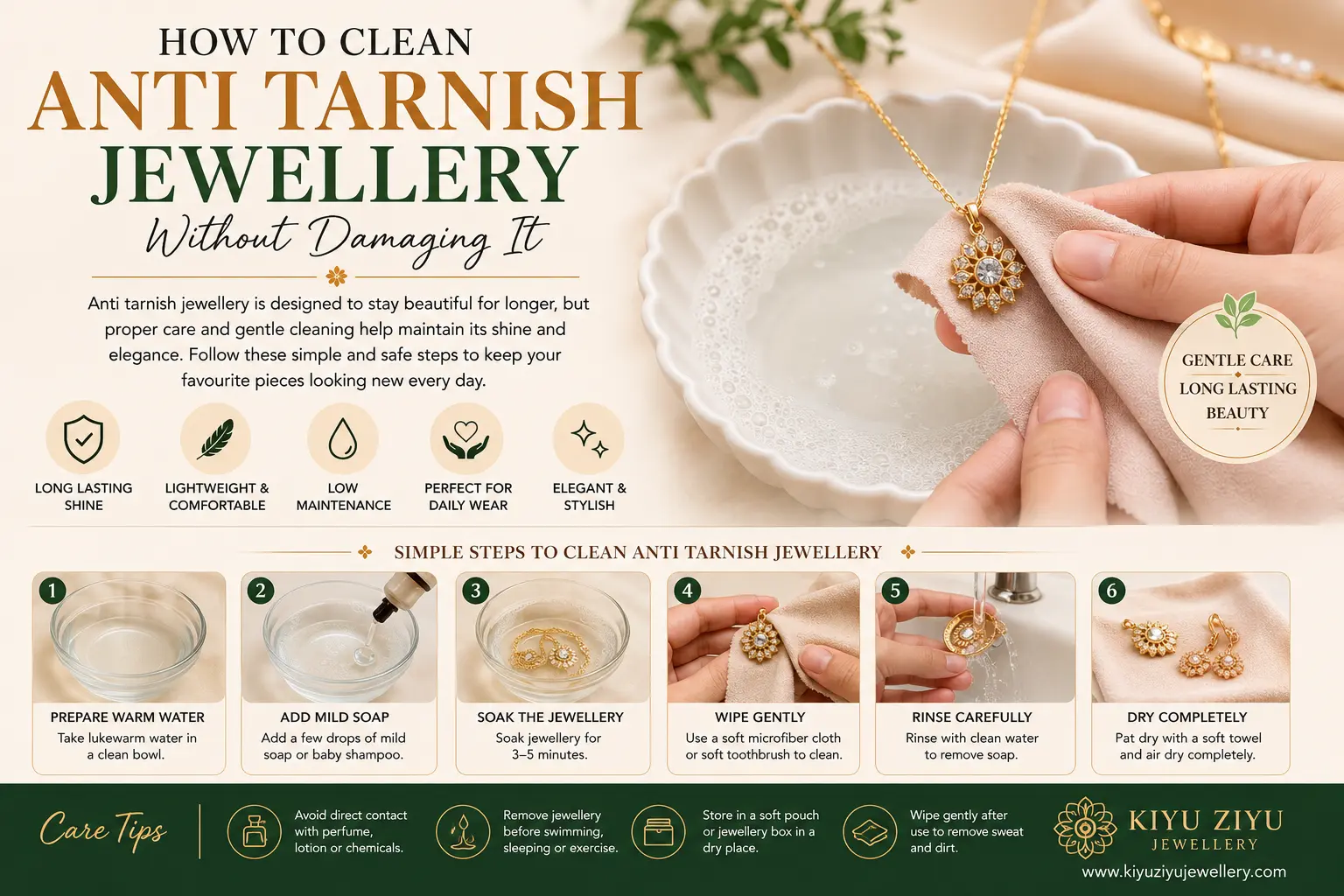 How to clean anti tarnish jewellery safely at home using gentle cleaning methods to maintain its shine and long-lasting beauty.